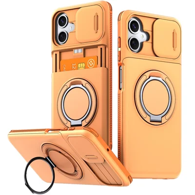 For Samsung Galaxy A06 4G / A06 5G Case Slide Camera Cover Kickstand TPU + PC Phone Protective Shell with Card Holder - Orange