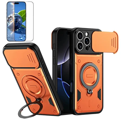 Magnetische hoes voor iPhone 16 Pro Max met roterende standaard en schuifdeksel voor lensbescherming, PC + TPU telefoonhoes met gehard glasfolie - Oranje