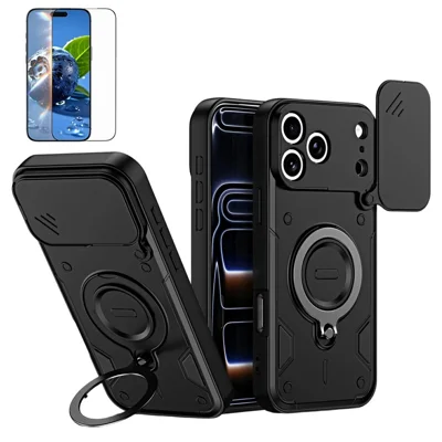 Voor iPhone 17 Pro Magnetische Hoes Roterende Standaard Lensschuifdeksel PC + TPU Telefoonhoes met Gehard Glas Folie - Zwart
