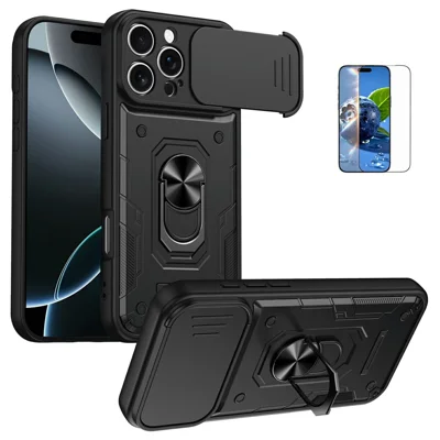 For iPhone 16 Pro Max Magnetic Case Sliding Lens Cover PC + TPU Phone Shell with Tempered Glass Film - Black
