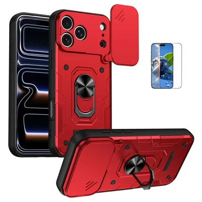 Für iPhone 17 Pro Magnetische Hülle Mit Sich Bewegendem Objektivschutz PC + TPU Handyhülle Mit Gehärtetem Glasfilm - Rot