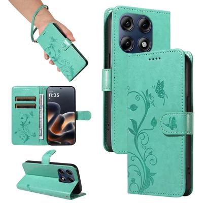 För Motorola Moto G37 5G / Motorola Moto G47 5G / Motorola Moto G37 Power 5G PU-läder Etui Blommönster Plånbok Ställbara Mobilhölle med Rem - Grön