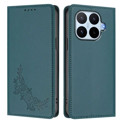  For Xiaomi 17T Wallet Stand Case Peony Flower Pattern TPU PU Leather Flip Cover - Green