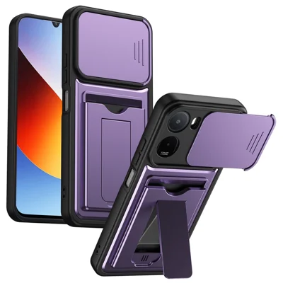 For Xiaomi Redmi 15a 5G / A7 Pro 5G Case Lens Protection Kickstand PC + TPU Phone Cover with Card Holder - Purple