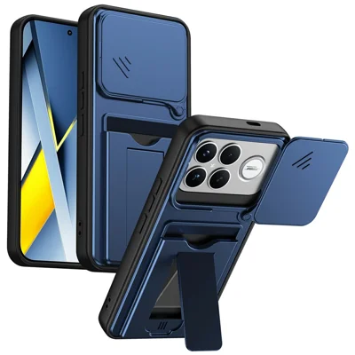 Voor Xiaomi Redmi K90 Pro Max 5G / Poco F8 Ultra Hoesje Lensbescherming Zwenkstand PC + TPU Telefoonhoesje met Pasjeshouder - Blauw