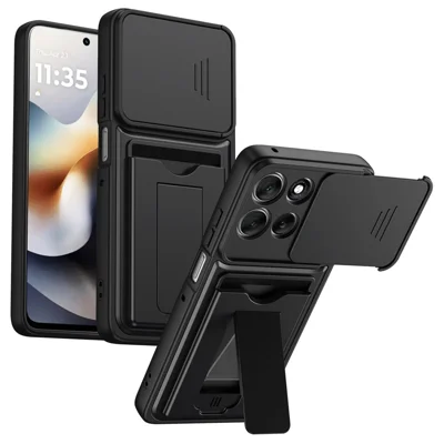 För Motorola Moto G56 5G Fodral Objektivskydd Med Fällbar Ställbar PC + TPU Mobilhölje Med Kortfack - Svart