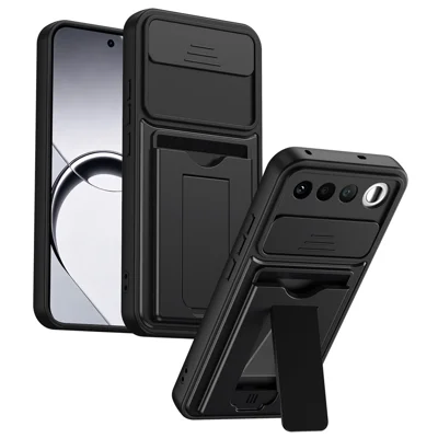 غطاء لهاتف Realme 16 5G بحماية العدسة وحامل قابل للطي مع غطاء واقي للبطاقات - أسود