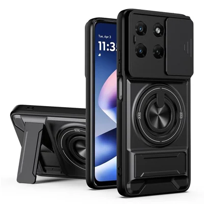 För Motorola Moto G47 5G / G37 5G Magnetisk Skal Med Ringhållare Vikbar Stöd TPU PC Mobilsaxel Med Skjutlinslucka - Svart