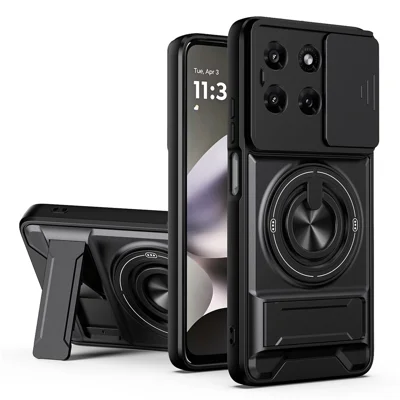Magnetisk mobilskal med ringhållare och vikbar stöd för Motorola Moto G37 Power 5G, TPU PC mobilhölje med skydd för kamerobjektiv - Svart