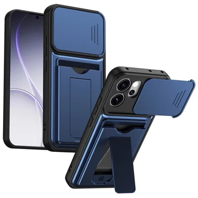 For Oppo Reno15 Pro Max 5G (Global) / Reno15 Pro 5G (China) Case Lens Protection Kickstand PC + TPU Phone Cover with Card Holder - Blue