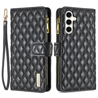 BINFEN COLOR para Samsung Galaxy S25 FE Estilo BF-15 Funda de Cuero con Bolsillo con Cremallera, Funda con Diseño de Rombo - Negro