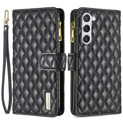 BINFEN COLOR para Samsung Galaxy S26 Estuche de Cuero Estilo BF-15 con Bolsillo de Cremallera y Funda con Diseño de Rombo - Negro