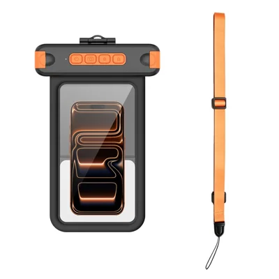 For iPhone 17 Waterproof Phone Pouch IPX8 Underwater Case Bluetooth-compatible Camera Button Floating Dry Bag - Black / Orange