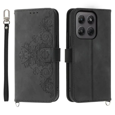 Etui portfelowe z kwiatowym wzorem z poliuretanowej skóry PU z paskiem do Motorola Edge 70 Pro 5G - Czarny