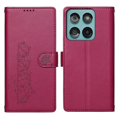 For Motorola Edge 70 Fusion 5G (Global) / Edge 70 Fusion+ 5G Case Adorable Cat Pattern PU Leather Wallet Phone Cover with Wrist Strap - Rose
