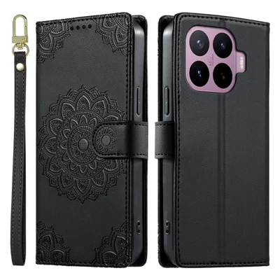Til Xiaomi 17T Pro Skærm Etui med Præget Totem Læder Flip Pengeholder med Håndledsrem - Sort