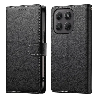 Obudowa z portfelem z magnesem i teksturą skórzaną litchi z paskiem na nadgarstek do Motorola Edge 70 Pro 5G – Czarna