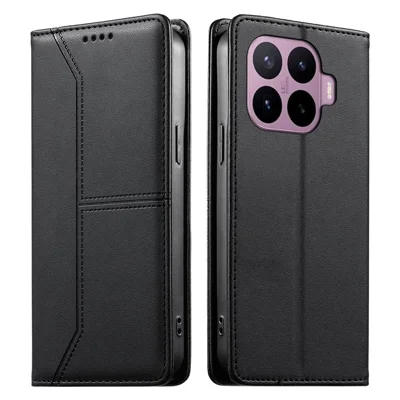 Walletstandhoesje voor Xiaomi 17T met lijnnaden TPU PU-lederen telefoonhoes - Zwart