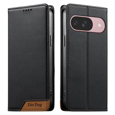 DIERFENG DF-018 til Google Pixel 11 / 11 Pro Case RFID-blokerende punglæderet telefonbeskytning med farvesammensat logo-hjørne - Sort