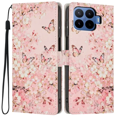 Til Xiaomi 17T Pro tegnebogssnor med mønstertryk i kunstlæder med standfunktion og snor til håndleddet - Lyserød Sakura Butterfly