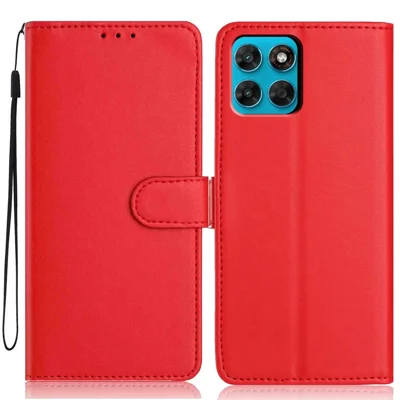 Voor Motorola Moto G87 5G portomonneehoes met bandje / meerdere kaartsleuven effen kleur lederen standaard telefoonhoes - Rood