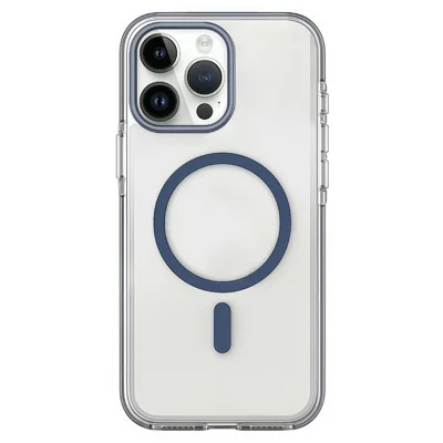Étui magnétique pour iPhone 15 Pro Max, coque transparente anti-chocs en PC TPU TPE compatible MagSafe - Bleu foncé