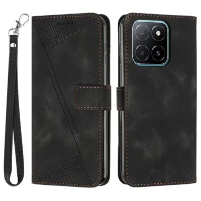 For Honor 600 Smart 5G / X7e Plus 5G Leather Case Imprinted Triangle Phone Cover with Hand Strap - Black