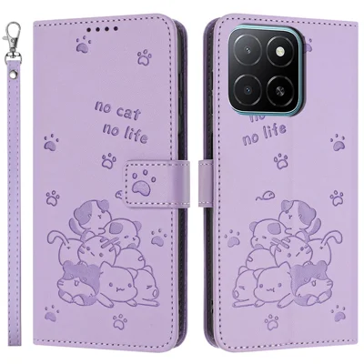 For Honor 600 Smart 5G / X7e Plus 5G Wallet Case Cats Imprint Leather Phone Cover with Strap - Purple