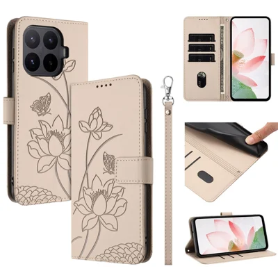 Für Xiaomi 17T Hülle mit Geldbörse, Ständer, Lotus-Muster, Ledertasche mit Handschlaufe - Beige