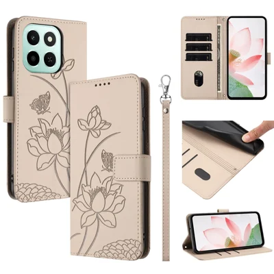 Cover per Honor 600 Smart 5G con Funzione Wallet, Supporto, Stampa Fiore di Loto, in Pelle, con Cinturino da Polso - Beige