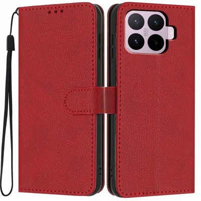 Чехол-кошелек для Xiaomi 17T, текстура кожи личи, раскладной чехол с отделениями для карт и ручным ремешком — красный
