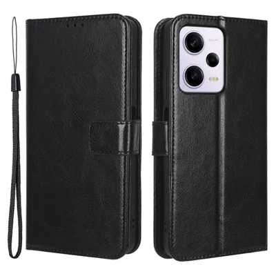 Protective Phone Cover For Xiaomi Redmi Note 12 Pro+ 5G Crazy Horse Texture Magnetic Clasp PU Leather Case Wallet Stand with Strap - Black