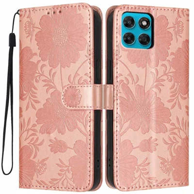 Flip-påse till Motorola Moto G87 5G med inpräntad blomdesign, PU-läder, hållare, med handledsband - Rose Gold