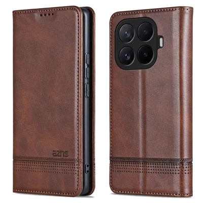 AZNS Coque de téléphone pour Xiaomi 17T Pro, housse portefeuille en cuir PU texture cuir de vache - Café