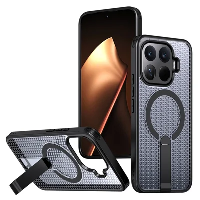 Magnetische hoes met standaard voor Xiaomi 17T, roosterstructuur TPU/PC telefoonhoes - Zwart
