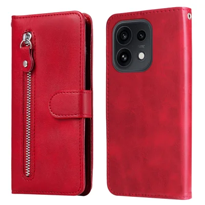 PU Leather Case For Oppo Reno16 Pro 5G (Global) / Reno16 5G (Global) / Reno16 5G (China) with Zipper Pocket Wallet Phone Cover Stand - Red