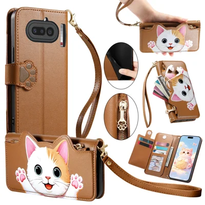  For Nothing Phone (4a) Case Cute Cat Pattern PU Leather Wallet Phone Cover with Wrist Strap - Brown