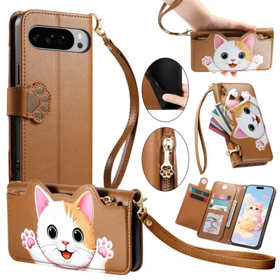  For Google Pixel 9 Pro XL / Google Pixel 10 Pro XL Case Cute Cat Pattern PU Leather Wallet Phone Cover with Wrist Strap - Brown