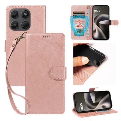  For Motorola Moto G37 5G / Motorola Moto G47 5G / Motorola Moto G37 Power 5G Case with Wrist Strap RFID Blocking Wallet Cowhide Texture Leather Phone Cover - Rose Gold