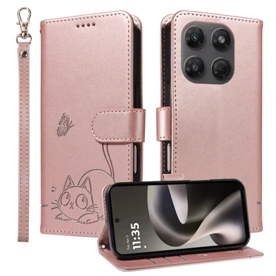  For Motorola Moto G37 5G / Motorola Moto G47 5G / Motorola Moto G37 Power 5G Case Cat Pattern Imprint Leather Phone Cover with Wrist Strap - Rose Gold