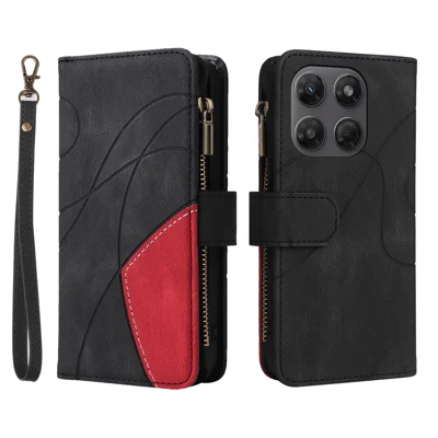  For Motorola Moto G37 5G / Motorola Moto G47 5G / Motorola Moto G37 Power 5G Leather Case with Strap Zipper 9 Card Slot Phone Cover Stand - Black