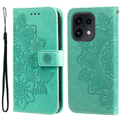 Чехол для Oppo Reno16 5G с цветочным узором, из искусственной кожи с отделением для карт и подставкой - Зеленый