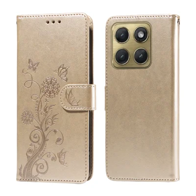 Für Motorola Edge (2026) Ledertasche mit Schmetterlings- und Blumenprägung Brieftasche Ständerhülle - Golden