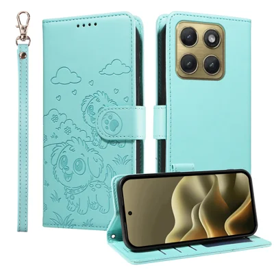 Für Motorola Edge (2026) Hülle RFID-Schutz geprägtes Hundemuster PU-Leder-Handytasche mit Handschlaufe - Grün