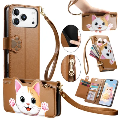 For iPhone 18 Pro / 17 Pro Case Cute Cat Pattern PU Leather Wallet Phone Cover with Wrist Strap - Brown