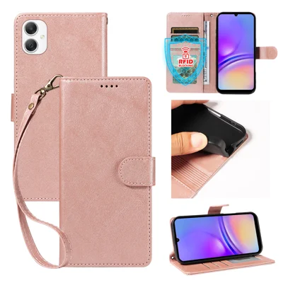For Samsung Galaxy A08 5G / A08 4G / A07 5G / A06 5G / A06 4G Case with Wrist Strap RFID Blocking Wallet Cowhide Texture Leather Phone Cover - Rose Gold