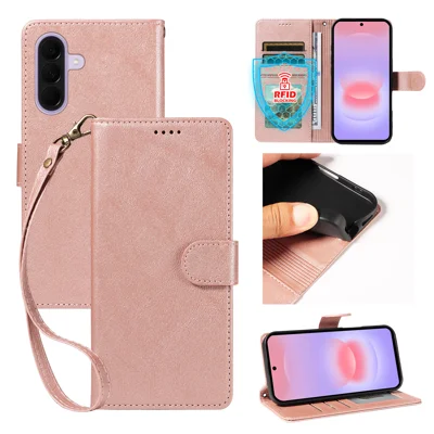 For Samsung Galaxy A27 5G Case with Wrist Strap RFID Blocking Wallet Cowhide Texture Leather Phone Cover - Rose Gold