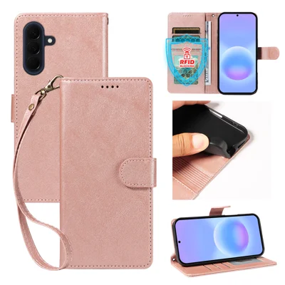  Custodia per Samsung Galaxy A57 5G con Tracolla, Portafoglio con Protezione RFID, Custodia in Pelle con Texture in Stile Pelle di Mucca - Oro Rosa