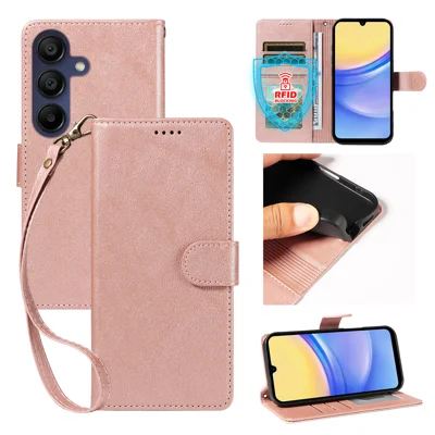  For Samsung Galaxy A15 5G / Galaxy A15 4G Case with Wrist Strap RFID Blocking Wallet Cowhide Texture Leather Phone Cover - Rose Gold