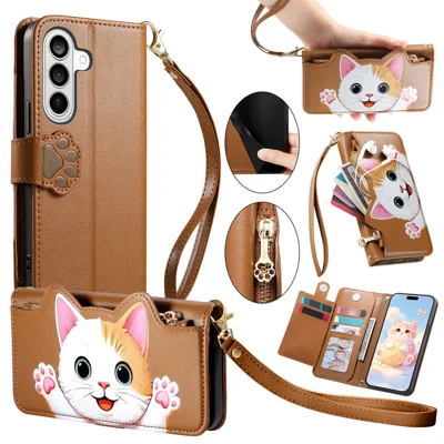 Cover per Samsung Galaxy A57 5G con Portafoglio in Ecopelle con Motivo Gatto Carino e Cinturino da Polso - Marrone